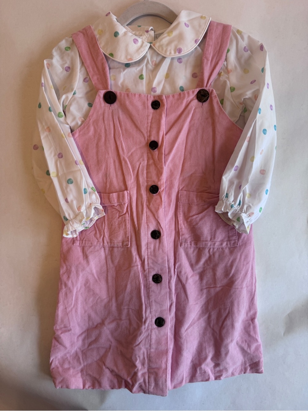 Girls Pink Corduroy Button-Front Pinafore Dress